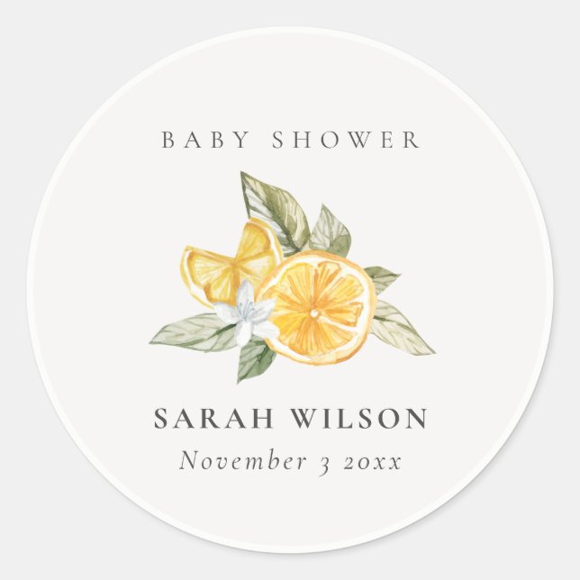 Sticker Rond Baby shower botanique à feuilles de citron minimal (Devant)