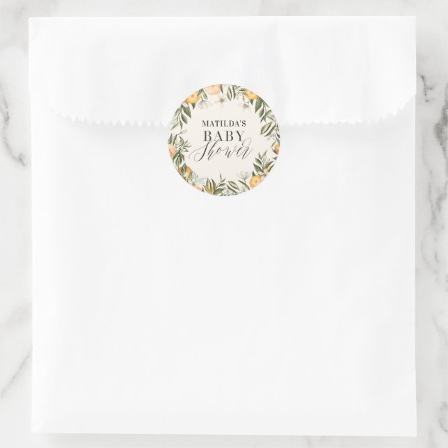 Sticker Rond Baby shower botanique d'agrumes d'orange rustique (Sac)