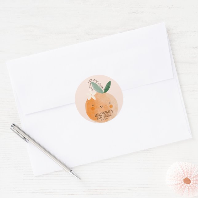 Sticker Rond Baby shower botanique Little Cutie Orange Citrus (Enveloppe)