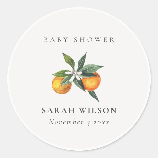 Sticker Rond Baby shower botanique minimal d'agrumes orange (Devant)