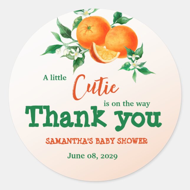 Sticker Rond Baby shower Botanique Orange Citrus Little Cutie (Devant)