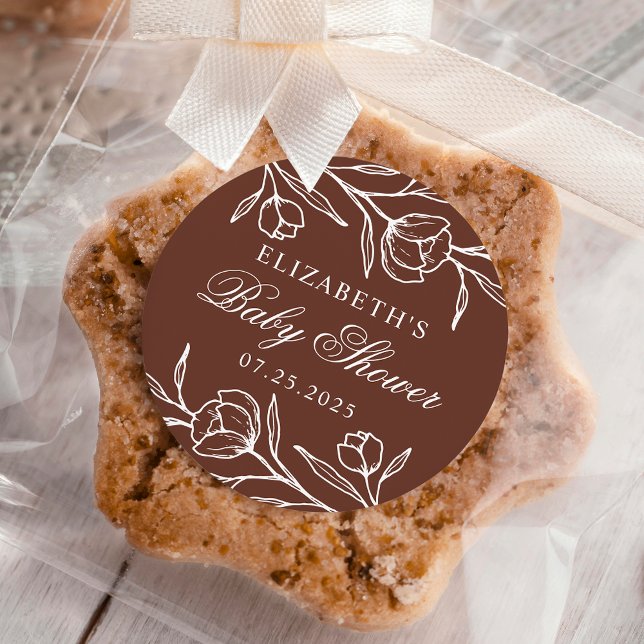 Sticker Rond Baby shower Brown floral esquissé (Créateur téléchargé)