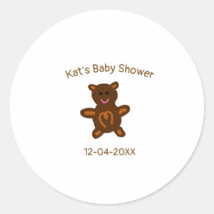 Sticker Rond baby shower Brown ours en peluche ajouter nom date