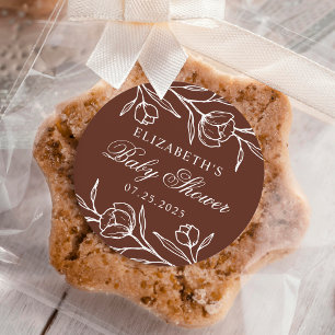 Sticker Rond Baby-Shower Brun Fleurs Esquissées