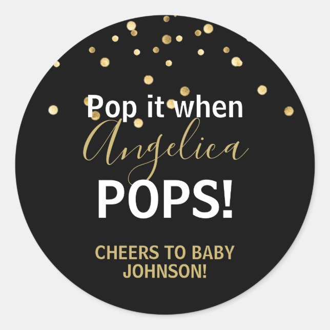 Sticker Rond Baby shower Bubbly POP Champagne Black Gold (Devant)