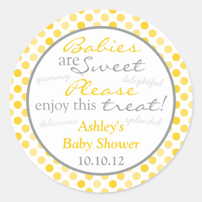 Sticker Rond Baby shower Buffet de bonbons à base de pois gris  (Devant)