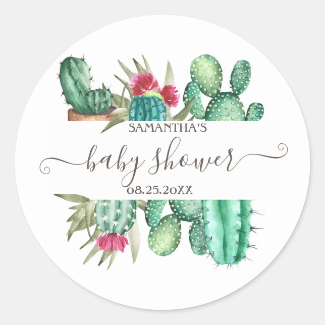 Sticker Rond Baby Shower Cactus Aquarelle (Devant)