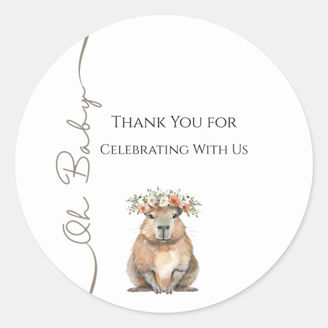 Sticker Rond Baby Shower Capybara • Oh Baby Wildflower (Devant)