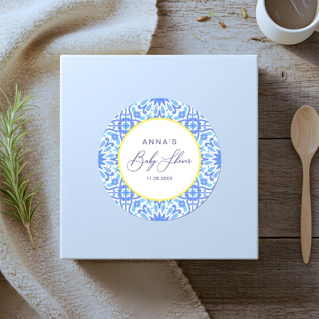 Sticker Rond Baby Shower Carrelage Bleu Italien Ligne Jaune (Créateur téléchargé)