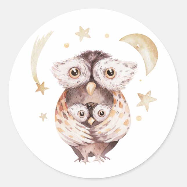 Sticker Rond Baby shower céleste Boho Mommy and Baby Owl (Devant)