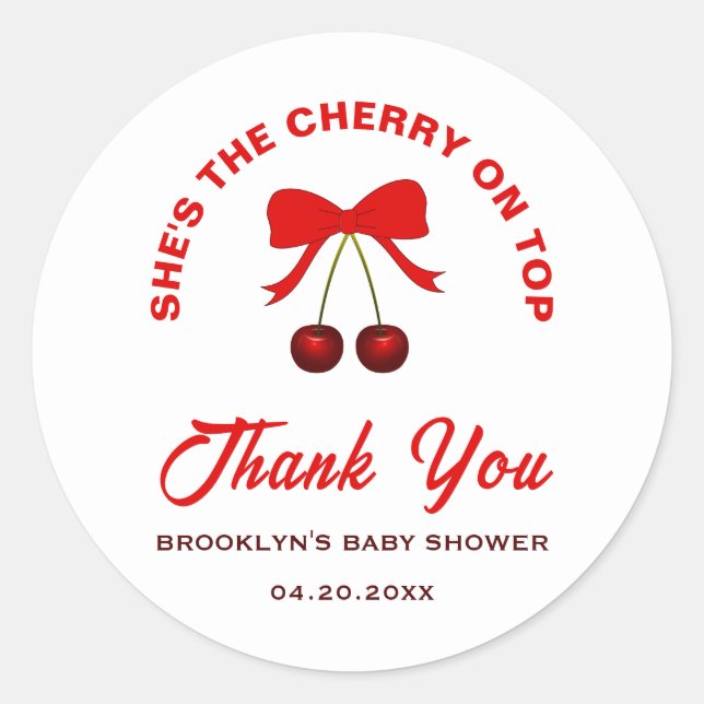 Sticker Rond Baby shower Cerise sur le dessus Red Coquette Bow  (Devant)