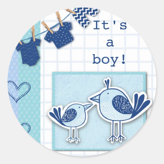 Sticker Rond  Baby Shower C'est Un Garçon Oiseaux Bleus (Devant)