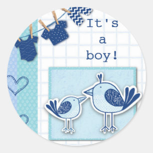 Sticker Rond  Baby Shower C'est Un Garçon Oiseaux Bleus