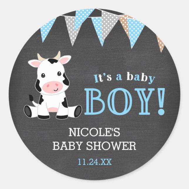 Sticker Rond Baby shower Chalkboard Cow Boy (Devant)