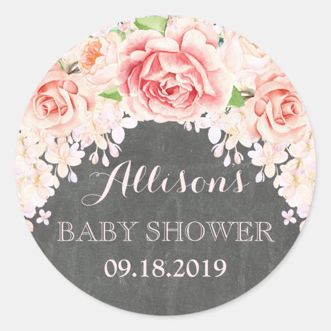 Sticker Rond Baby shower Chalkboard Pink Watercolor Flowers (Devant)