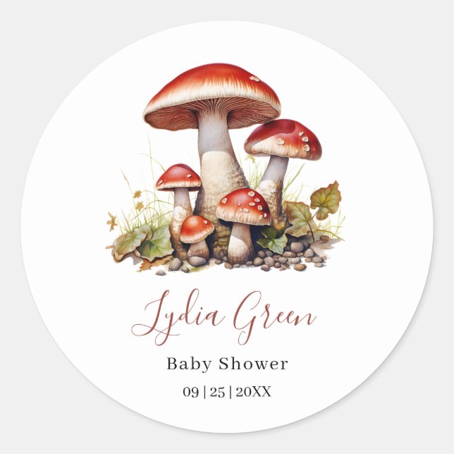 Sticker Rond Baby Shower Champignons, Baby Shower Mixte (Devant)