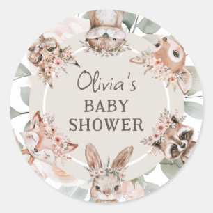 Sticker Rond Baby shower Chic Boho Woodland Animaux