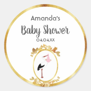 Sticker Rond Baby shower cigogne nom fille élégant
