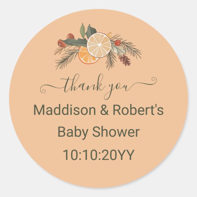 Sticker Rond Baby Shower Citron Sec Moderne d'Hiver  (Devant)
