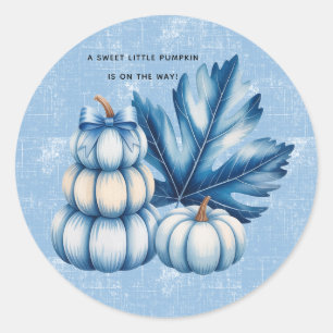 Sticker Rond Baby shower Citrouille bleu et  garçon feuille