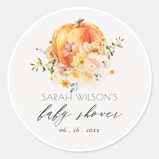 Sticker Rond Baby shower Citrouille d'automne joli Floral Orang (Devant)