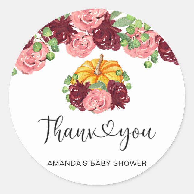 Sticker Rond Baby shower citrouille de Bourgogne, merci (Devant)