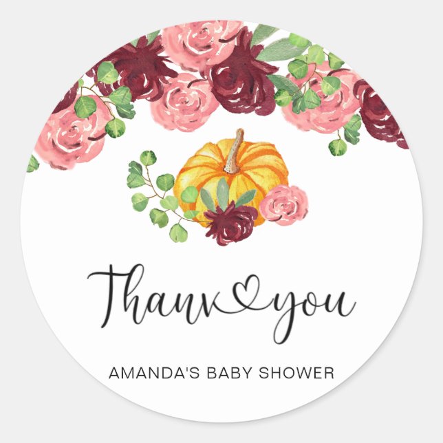 Sticker Rond Baby shower citrouille de Bourgogne, merci (Devant)