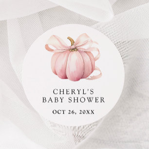 Sticker Rond Baby shower Citrouille en aquarelle rose Bow