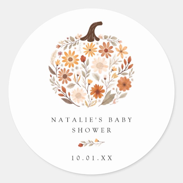 Sticker Rond Baby shower Citrouille Fleur sauvage d'automne (Devant)