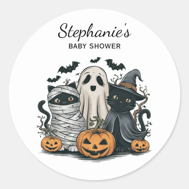 Sticker Rond Baby shower Citrouille Halloween branché Ghost Cat (Devant)