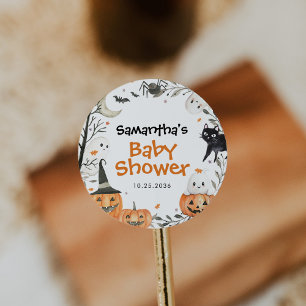 Sticker Rond Baby shower Citrouille Halloween Little Boo Ghost