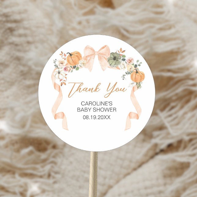 Sticker Rond Baby shower Citrouille Orange Bow (Orange Bow Pumpkin Baby Shower Sticker)