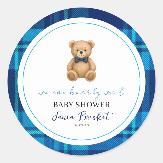 Sticker Rond Baby Shower Classique Ours en Velours Bleu à Carre (Devant)