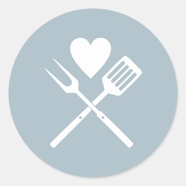 Sticker Rond Baby shower Coeur BBQ Bleu Blanc Moderne (Devant)
