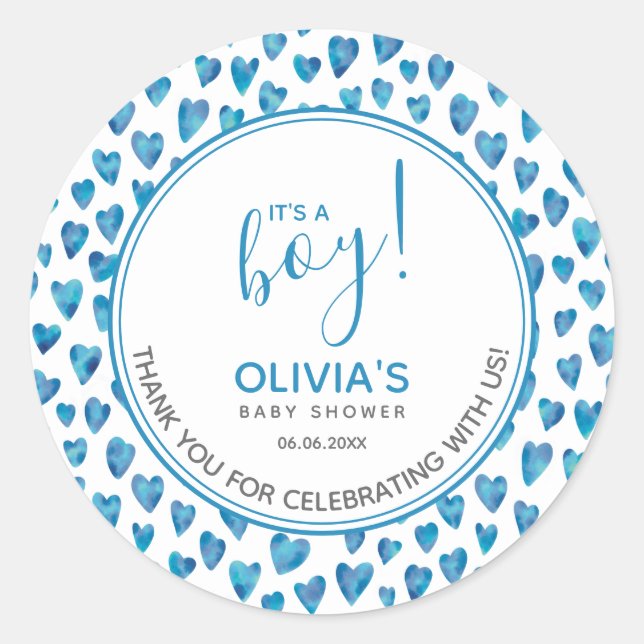 Sticker Rond Baby shower Coeur Bleu C'est un garçon (Devant)