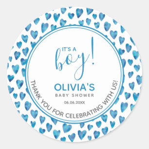 Sticker Rond Baby Shower Cœur Bleu Mignon C'est Un Garçon