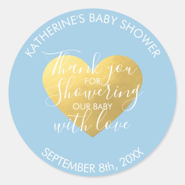 Sticker Rond Baby shower Coeur Pastel Blue White Gold Foil (Devant)