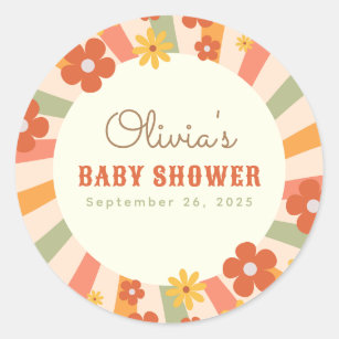 Sticker Rond Baby shower coloré Retro Super Daisy Flower