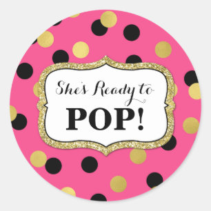 Sticker Rond Baby shower Confetti en or noir rose prêt à la pop