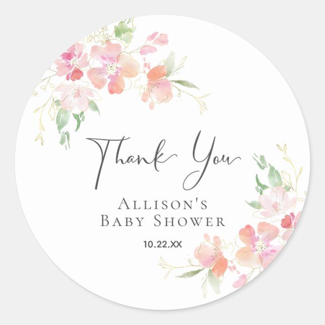 Sticker Rond Baby shower Coral rose Floral Aquarelle Merci (Devant)