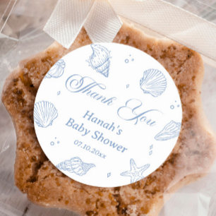 Sticker Rond Baby shower côtier des coquillages bleus Merci