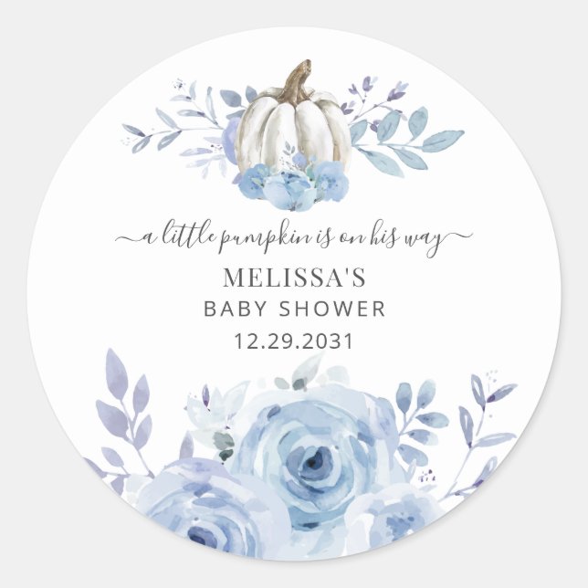 Sticker Rond Baby shower Courge Fleurie Bleu Poussière (Devant)