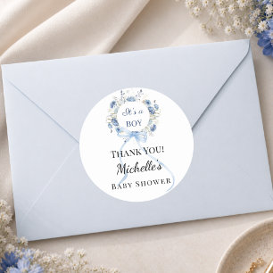 Sticker Rond Baby Shower couronne florale bleue garçon remercie