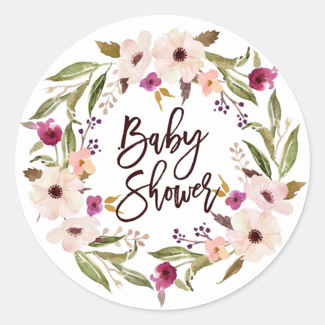 Sticker Rond Baby Shower Couronne Florale Bohème Fantaisiste (Devant)