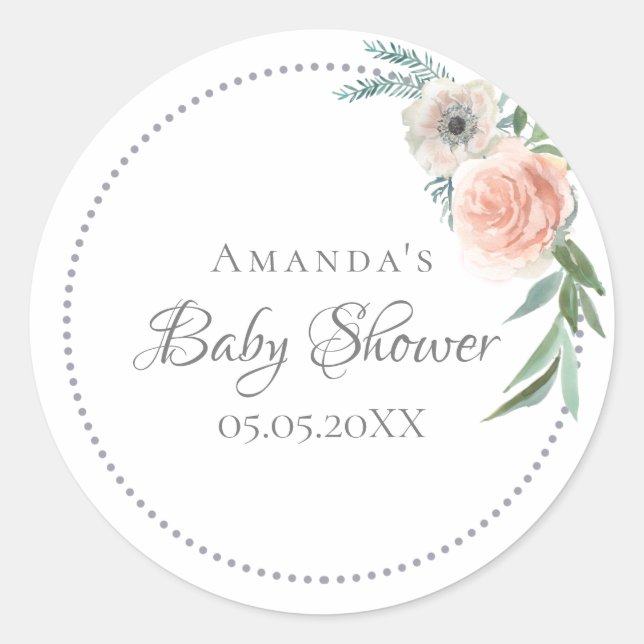 Sticker Rond Baby shower couronnes fleurons rose aquarelle (Devant)