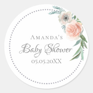 Sticker Rond Baby shower couronnes fleurons rose aquarelle
