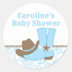 Sticker Rond Baby shower Cowboy Bleu et Brown