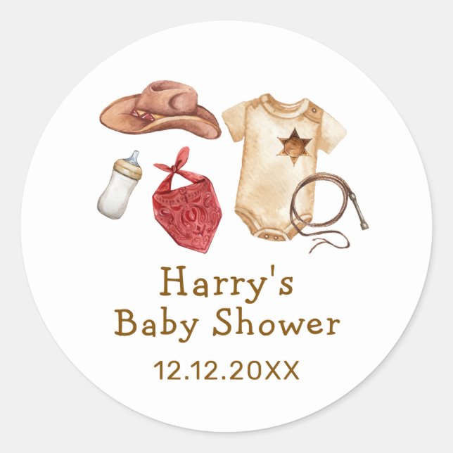 Sticker Rond Baby Shower Cowboy Occidental Boho Moderne Rustiqu (Devant)