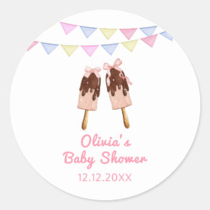 Sticker Rond Baby shower Crème de glace de Bow Popcicle Rose mi