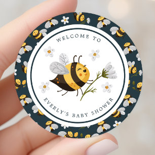 Sticker Rond Baby shower d'abeilles à fleur marguerite